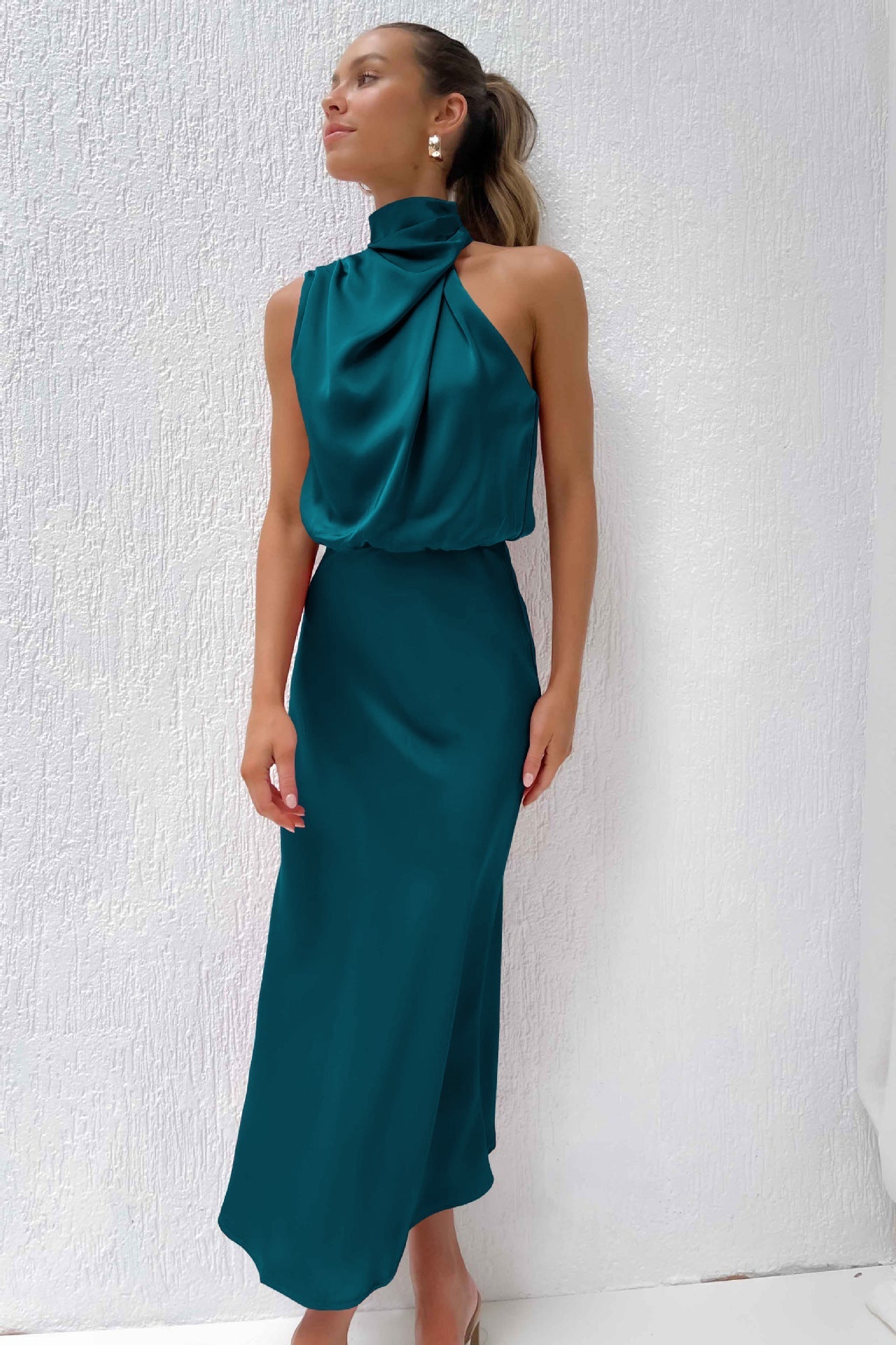 Cristina | Long Satin Dress with Halter Neckline