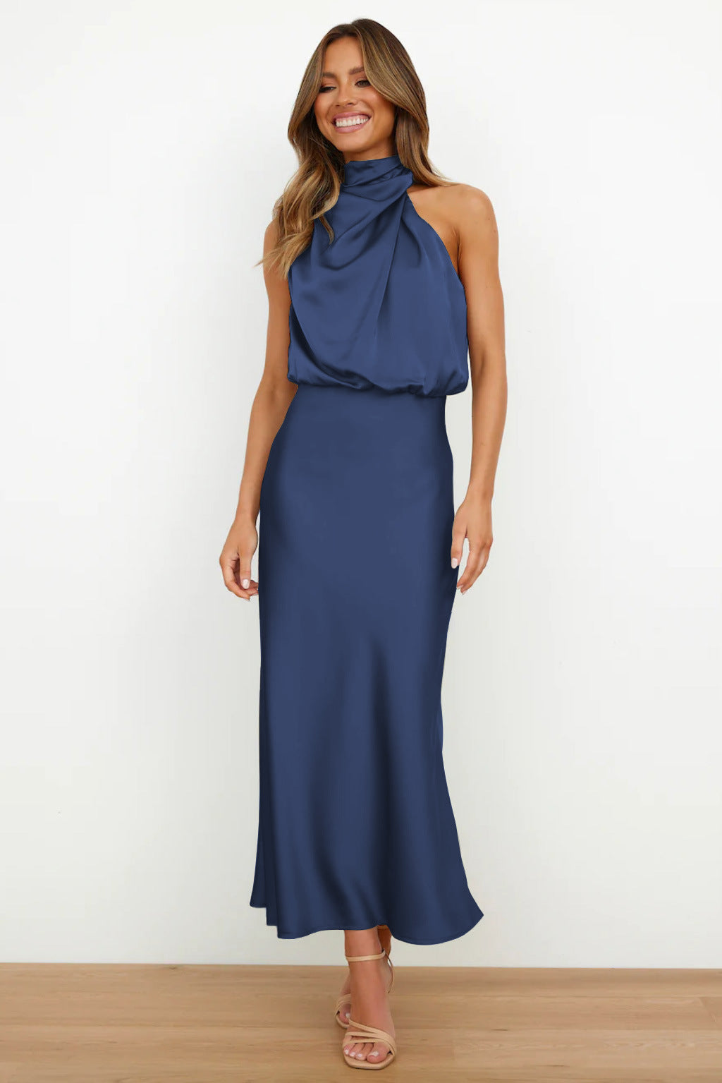 Cristina | Long Satin Dress with Halter Neckline