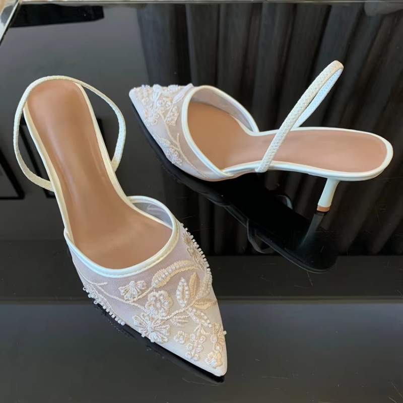 Morgan | Embroidered Mesh Kitten Heel Slingbacks With Pointed Toe For Women
