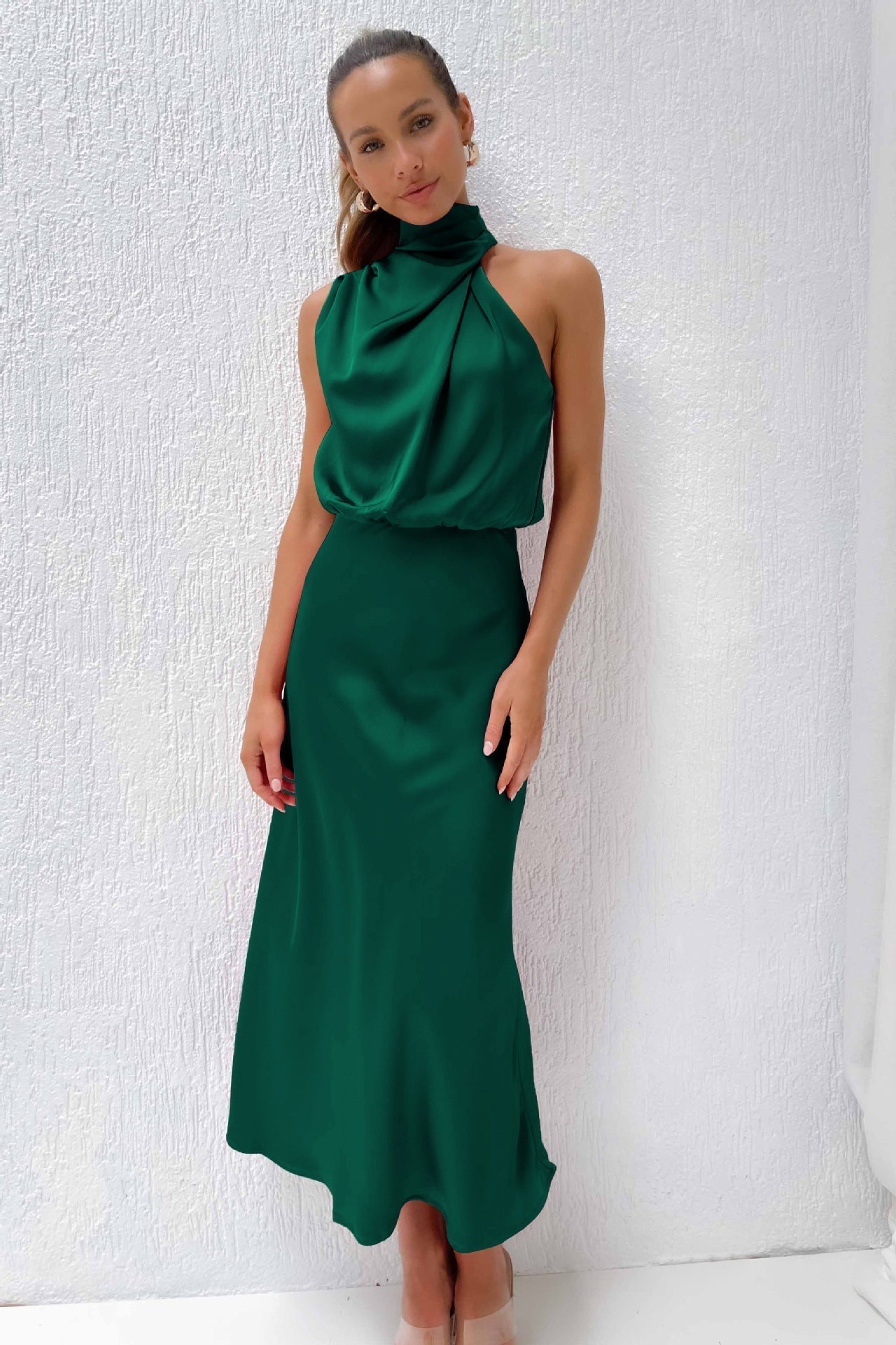 Cristina | Long Satin Dress with Halter Neckline