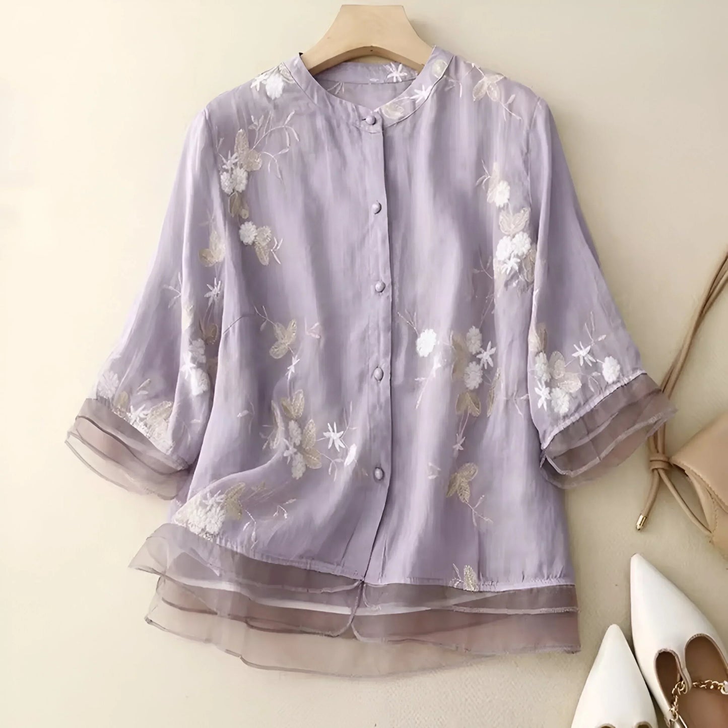 Stella - Cotton Top With Embroidered Flowers