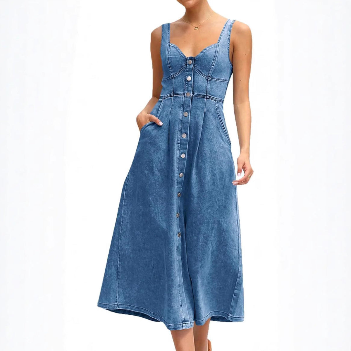 Jaylin – Classic Sleeveless Button-Front Denim Dress