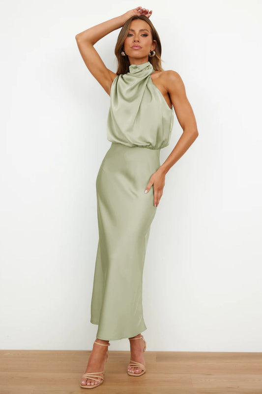 Cristina | Long Satin Dress with Halter Neckline