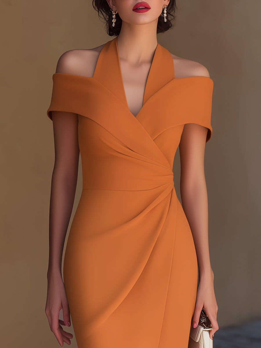 Amazonas | Off-Shoulder Halter Collar Ruched Wrap Midi Dress