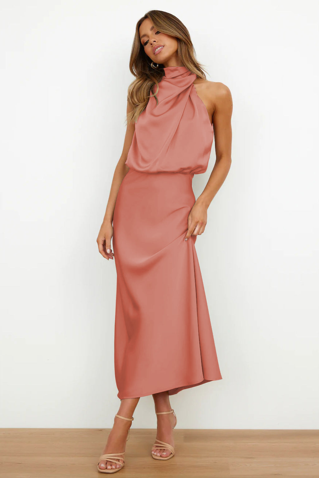 Cristina | Long Satin Dress with Halter Neckline