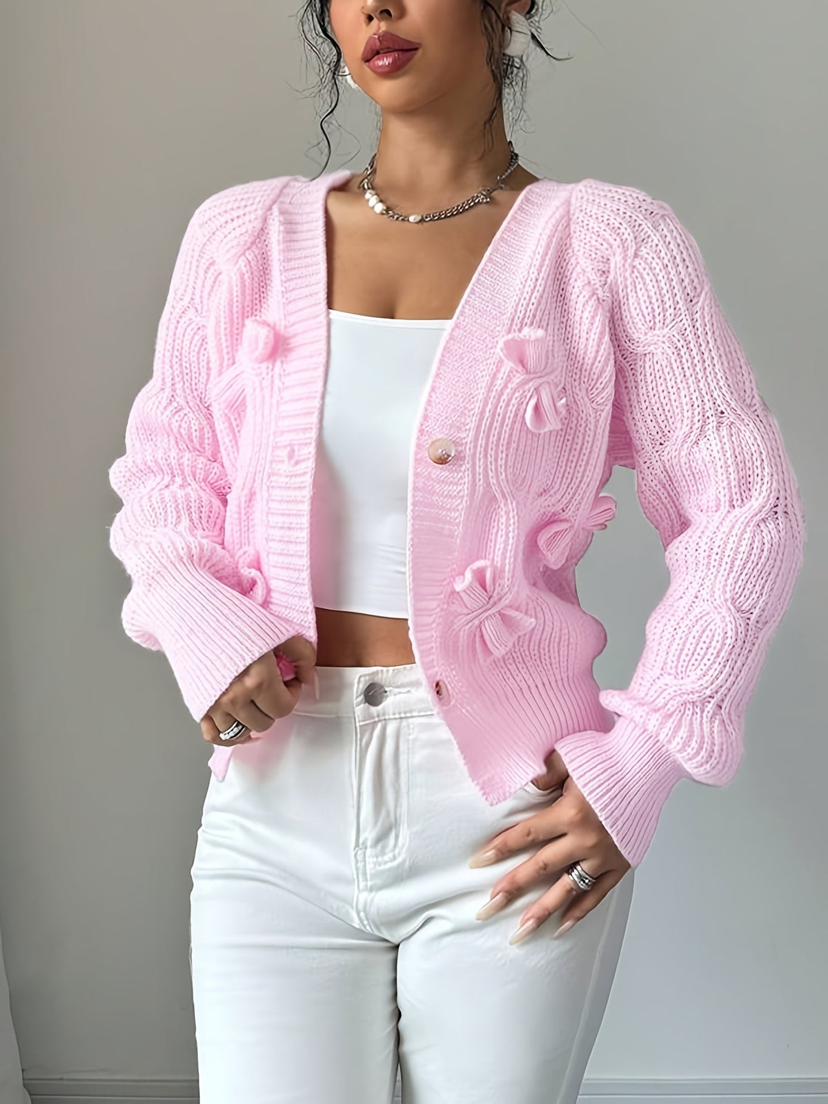 Alicia | Women's Soft Bow-Detail Long Sleeve Cardigan