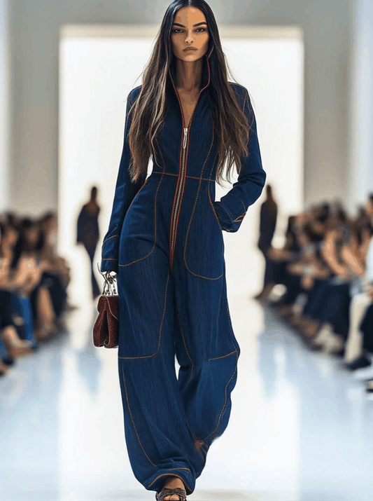 casual-loose-retro-red-topstitched-denim-wide-leg-long-sleeve-jumpsuit - Oyrosy