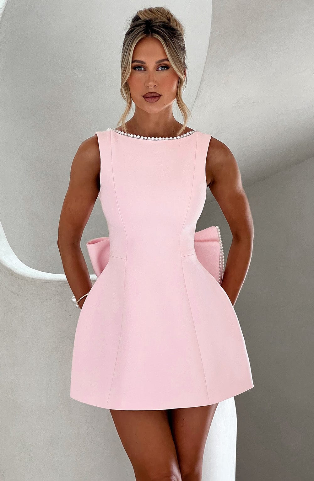 Emma | Wedding Guest A-Line Mini Dress with Pearl Trim.