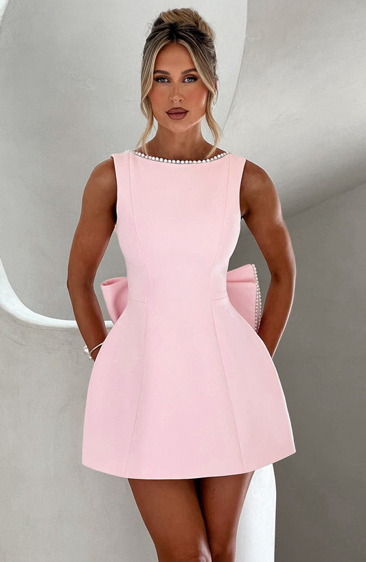Emma | Wedding Guest A-Line Mini Dress with Pearl Trim.