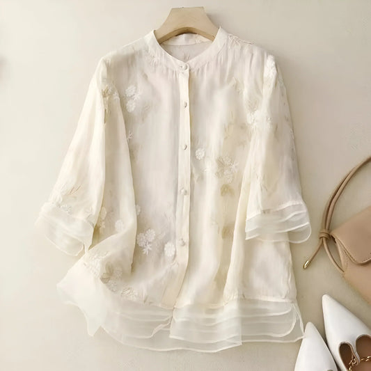 Stella - Cotton Top With Embroidered Flowers