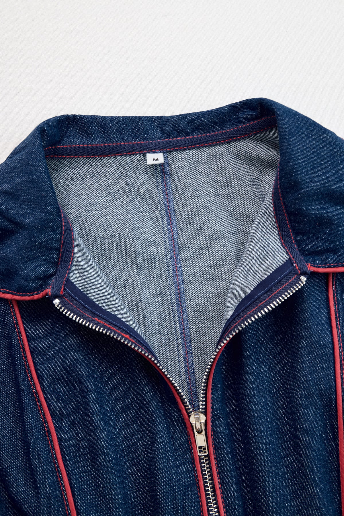 casual-loose-retro-red-topstitched-denim-wide-leg-long-sleeve-jumpsuit - Oyrosy