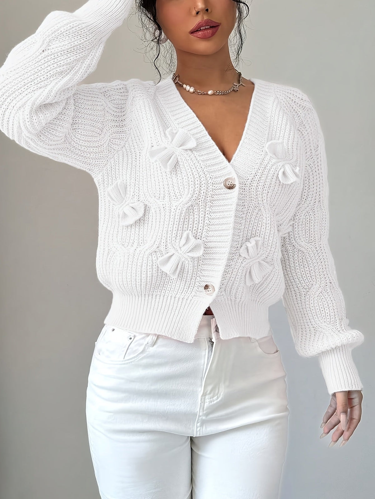 Alicia | Women's Soft Bow-Detail Long Sleeve Cardigan