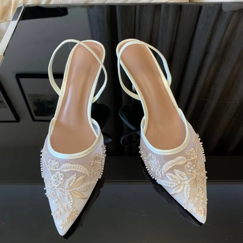 Morgan | Embroidered Mesh Kitten Heel Slingbacks With Pointed Toe For Women
