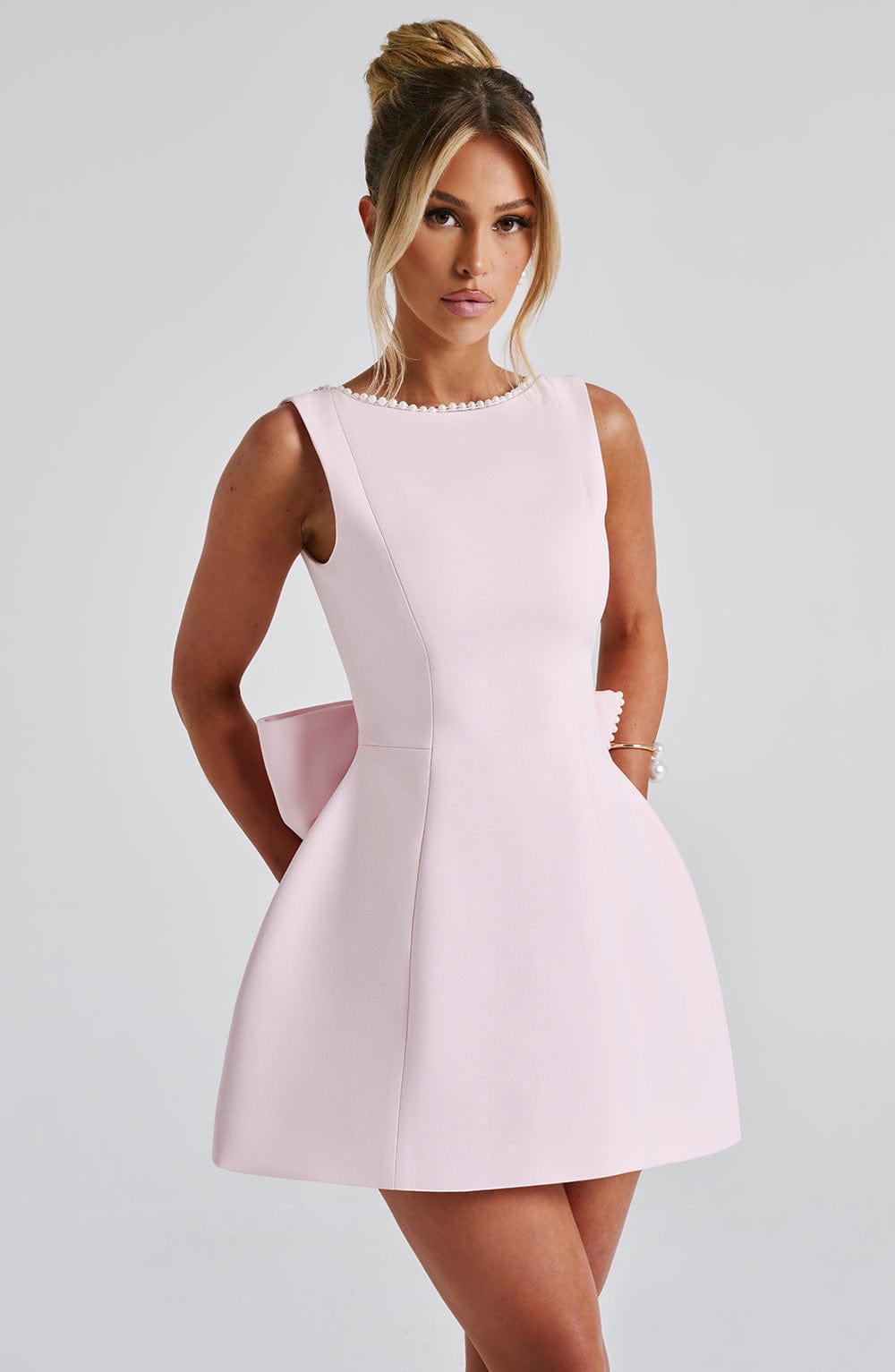 Emma | Wedding Guest A-Line Mini Dress with Pearl Trim.