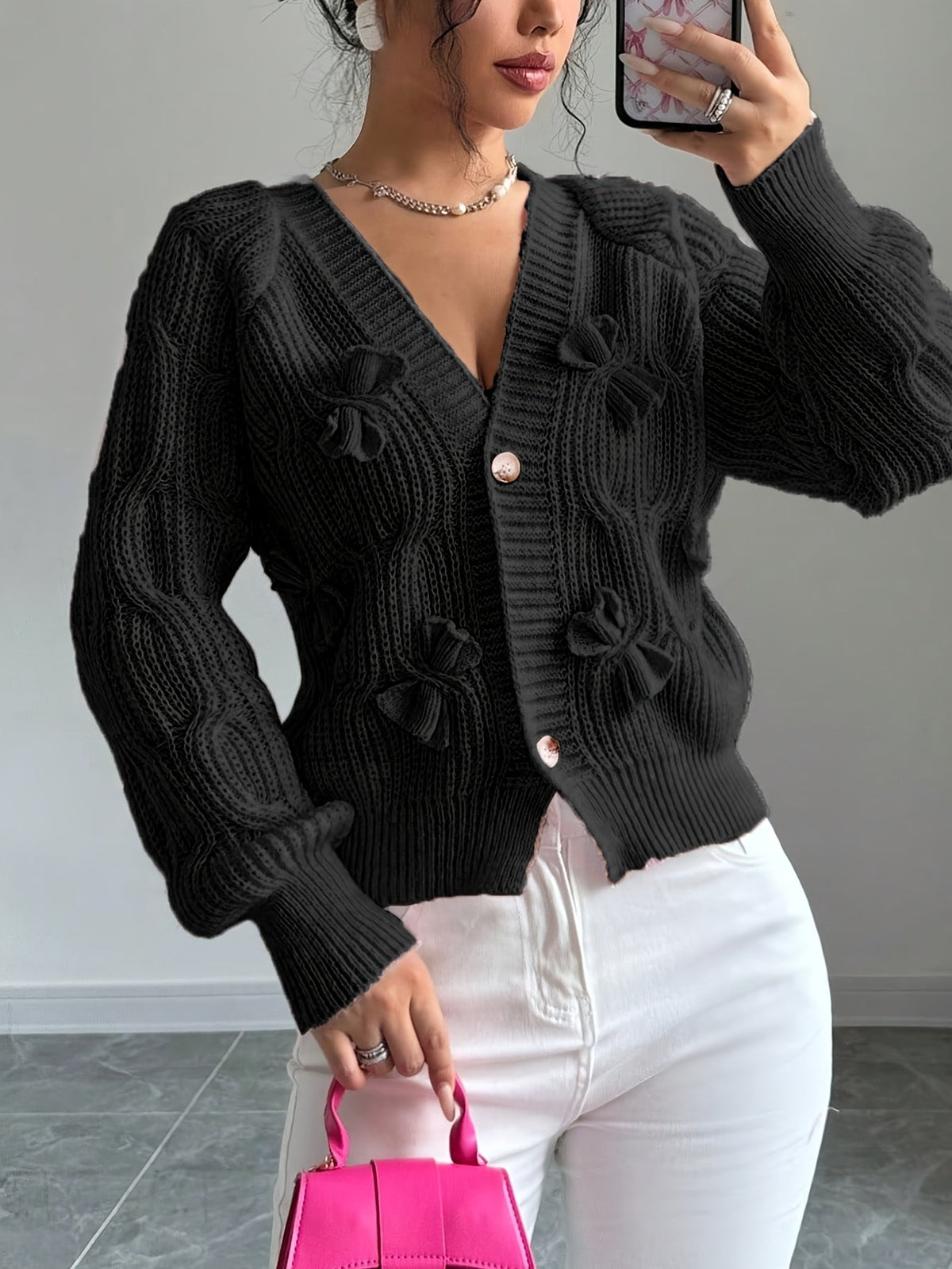 Alicia | Women's Soft Bow-Detail Long Sleeve Cardigan