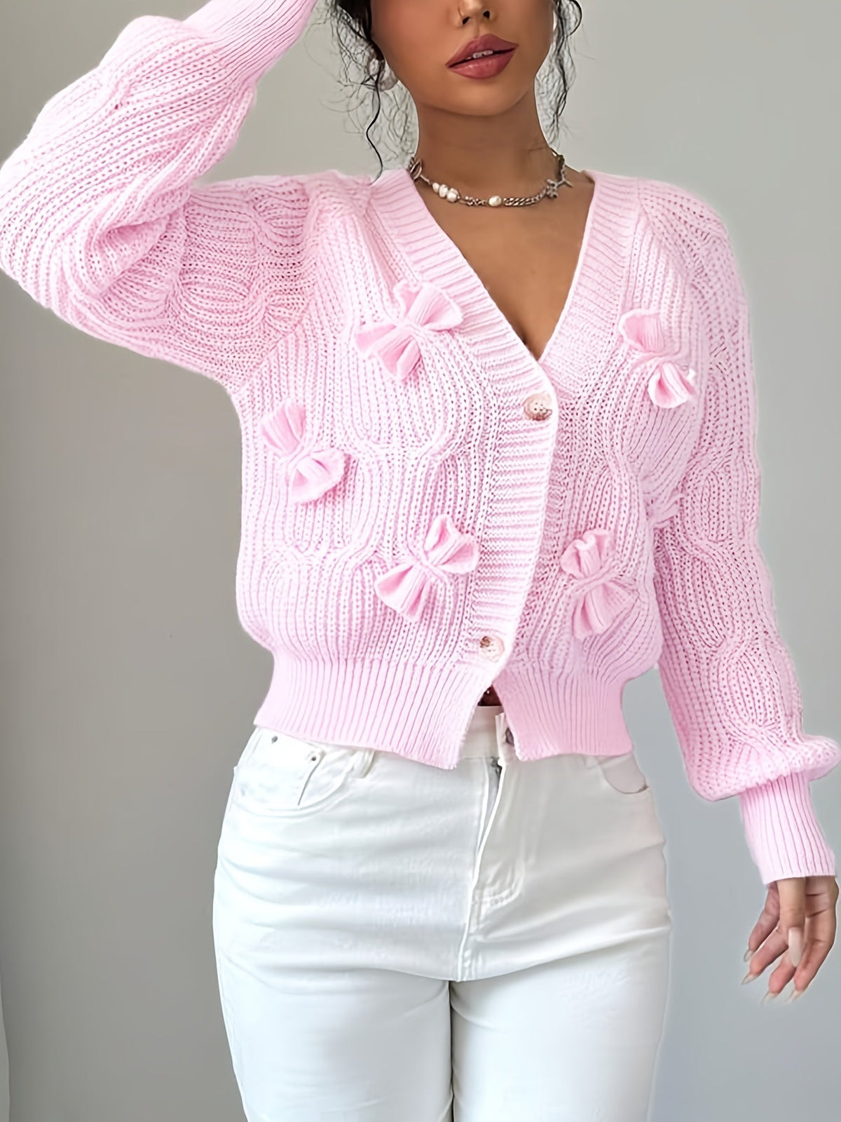 Alicia | Women's Soft Bow-Detail Long Sleeve Cardigan