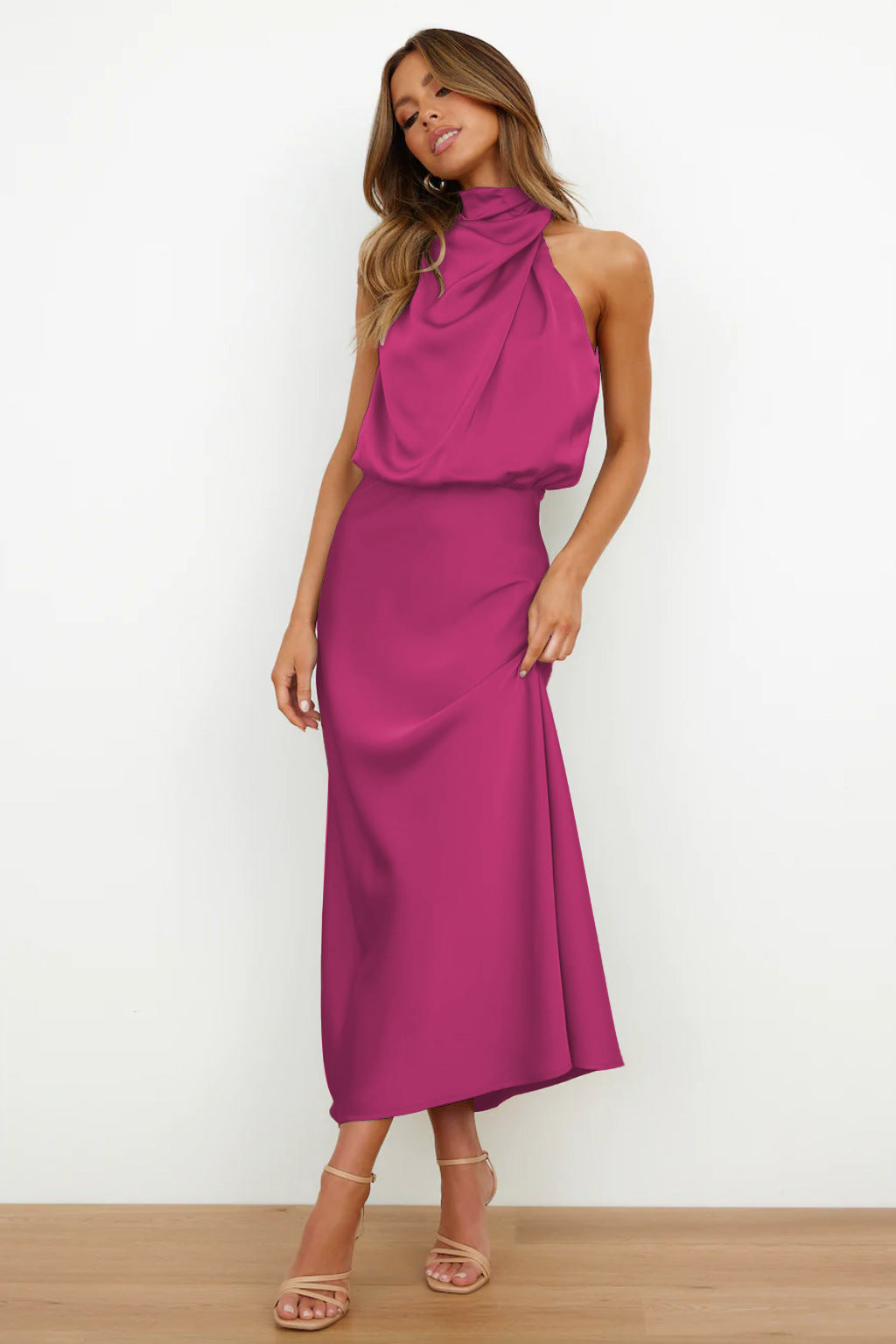 Cristina | Long Satin Dress with Halter Neckline