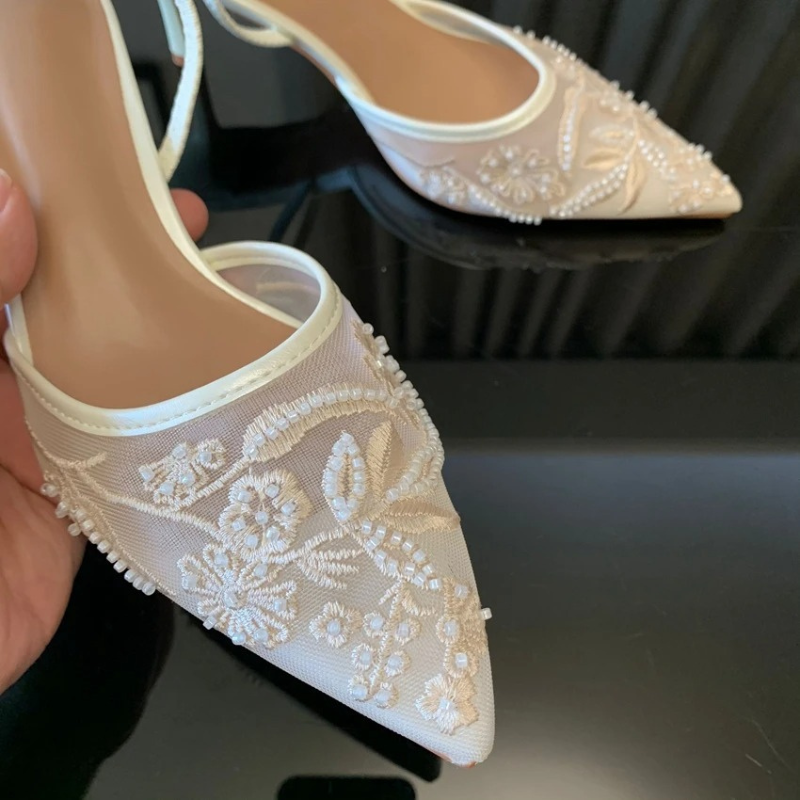 Morgan | Embroidered Mesh Kitten Heel Slingbacks With Pointed Toe For Women