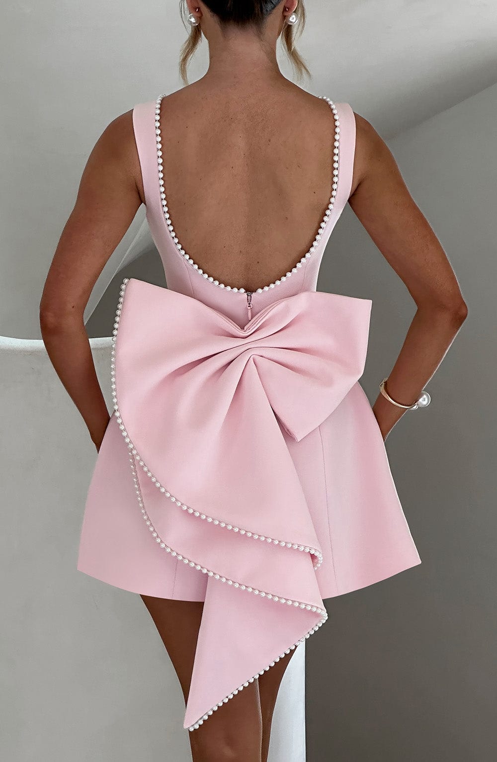 Emma | Wedding Guest A-Line Mini Dress with Pearl Trim.