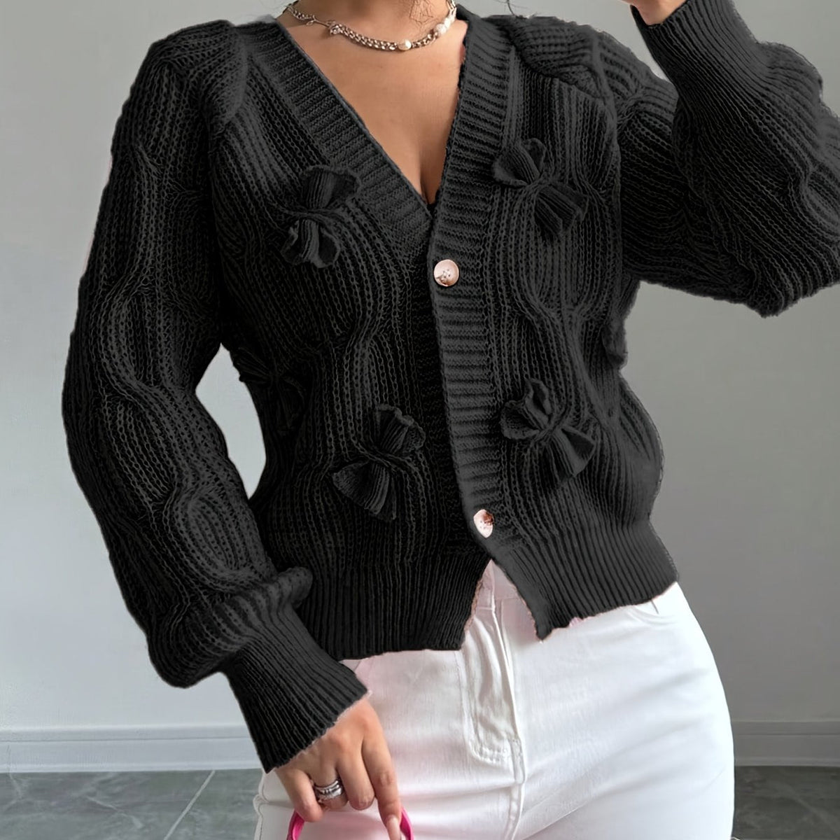 Alicia | Women's Soft Bow-Detail Long Sleeve Cardigan