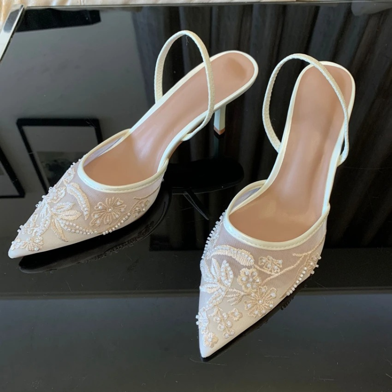 Morgan | Embroidered Mesh Kitten Heel Slingbacks With Pointed Toe For Women
