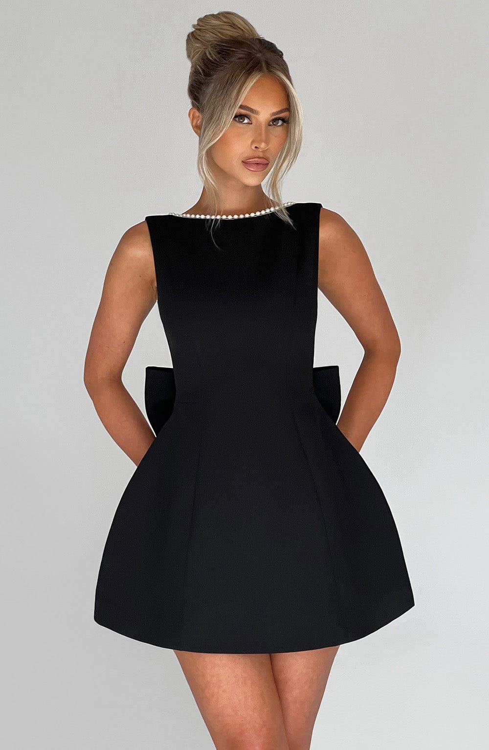Emma | Wedding Guest A-Line Mini Dress with Pearl Trim.