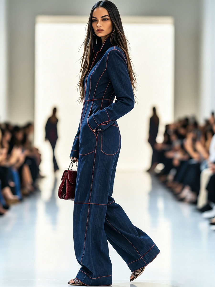 casual-loose-retro-red-topstitched-denim-wide-leg-long-sleeve-jumpsuit - Oyrosy