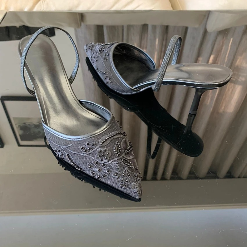 Morgan | Embroidered Mesh Kitten Heel Slingbacks With Pointed Toe For Women