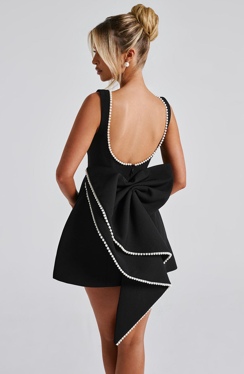 Emma | Wedding Guest A-Line Mini Dress with Pearl Trim.