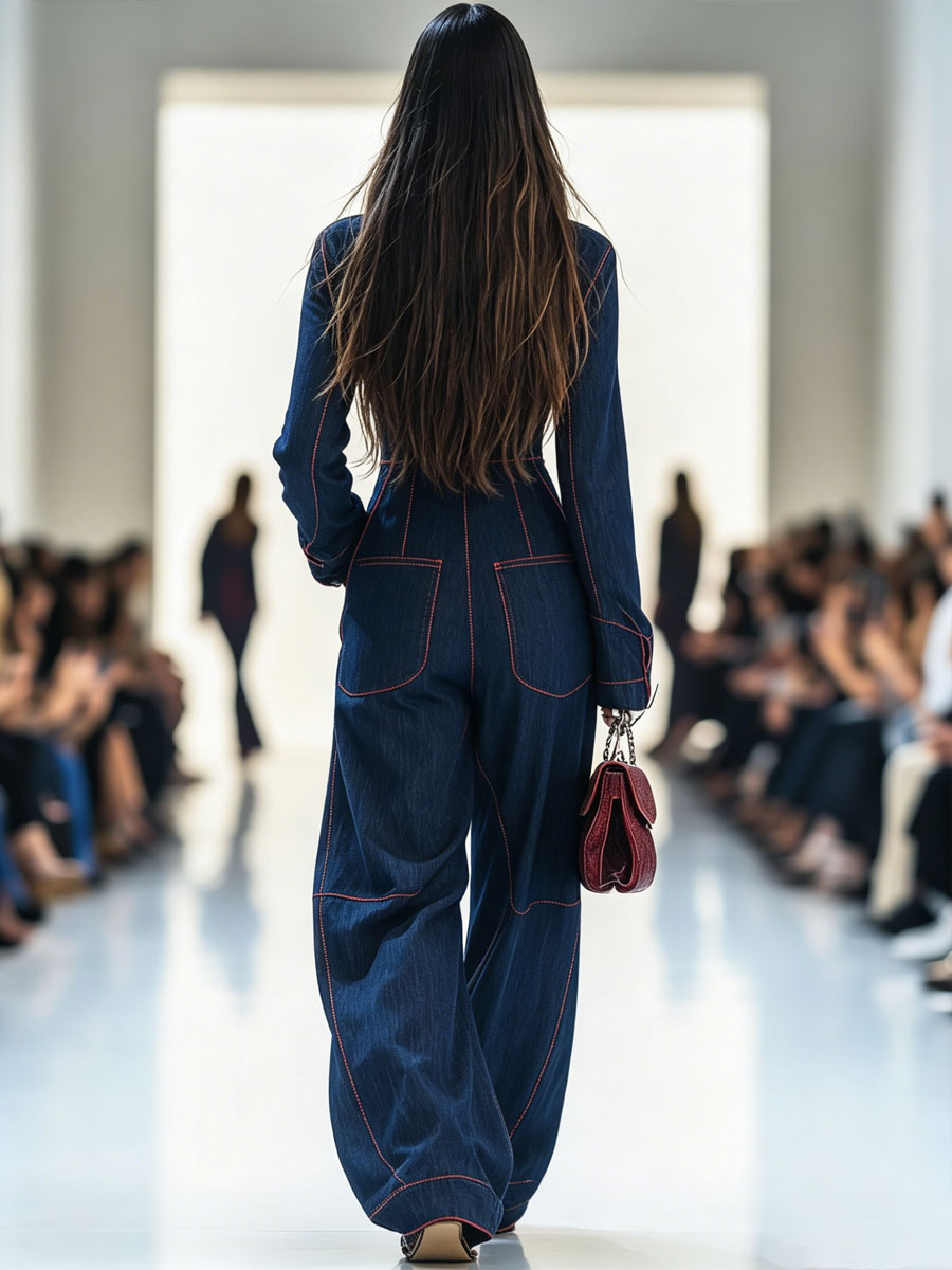 casual-loose-retro-red-topstitched-denim-wide-leg-long-sleeve-jumpsuit - Oyrosy