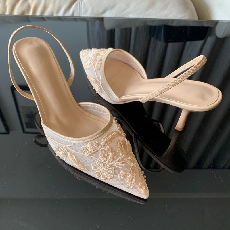 Morgan | Embroidered Mesh Kitten Heel Slingbacks With Pointed Toe For Women