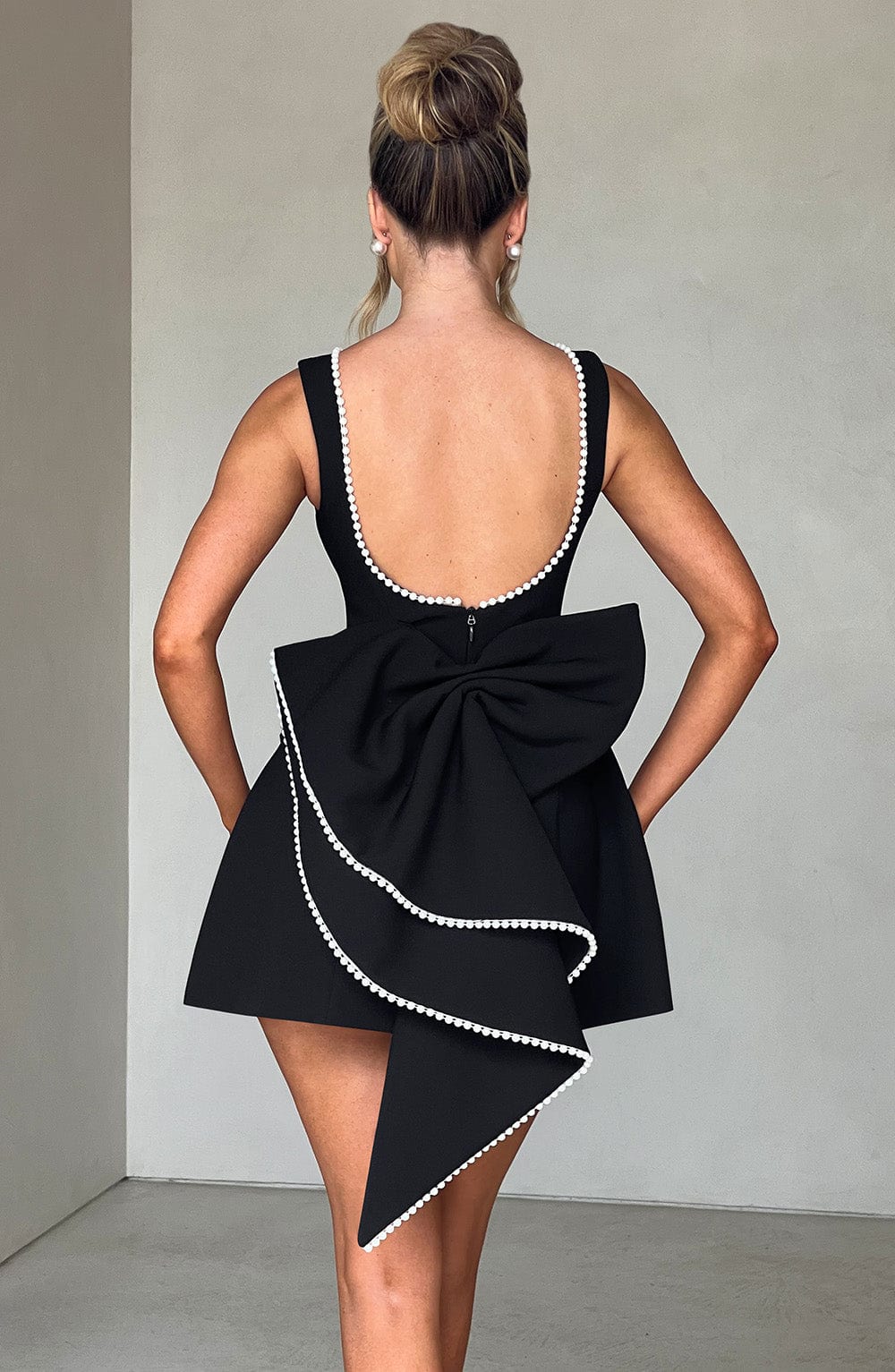 Emma | Wedding Guest A-Line Mini Dress with Pearl Trim.
