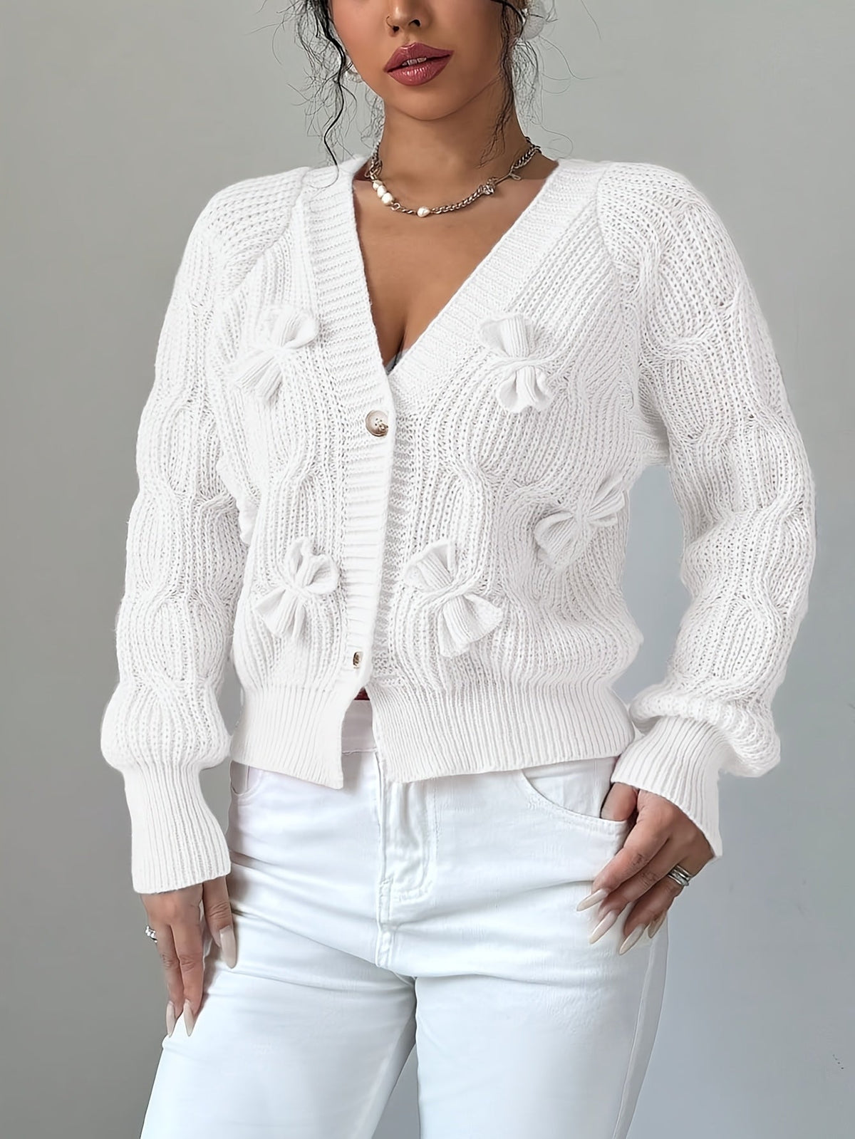 Alicia | Women's Soft Bow-Detail Long Sleeve Cardigan