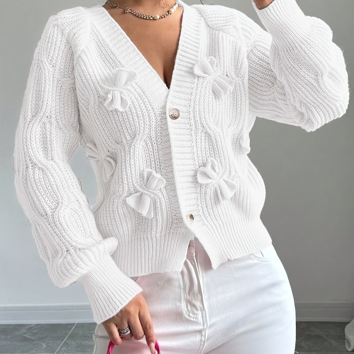 Alicia | Women's Soft Bow-Detail Long Sleeve Cardigan