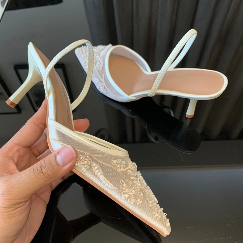 Morgan | Embroidered Mesh Kitten Heel Slingbacks With Pointed Toe For Women