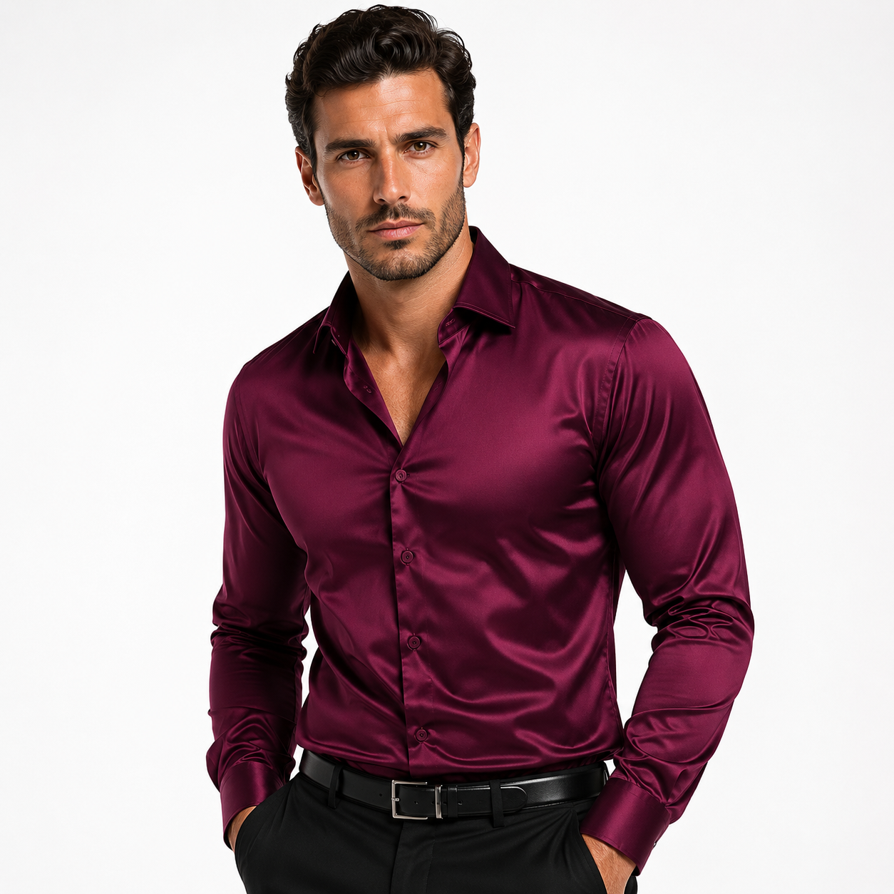 Maury | Men's Satin-Look Spread Collar Long-Sleeve Smart Casual Shirt