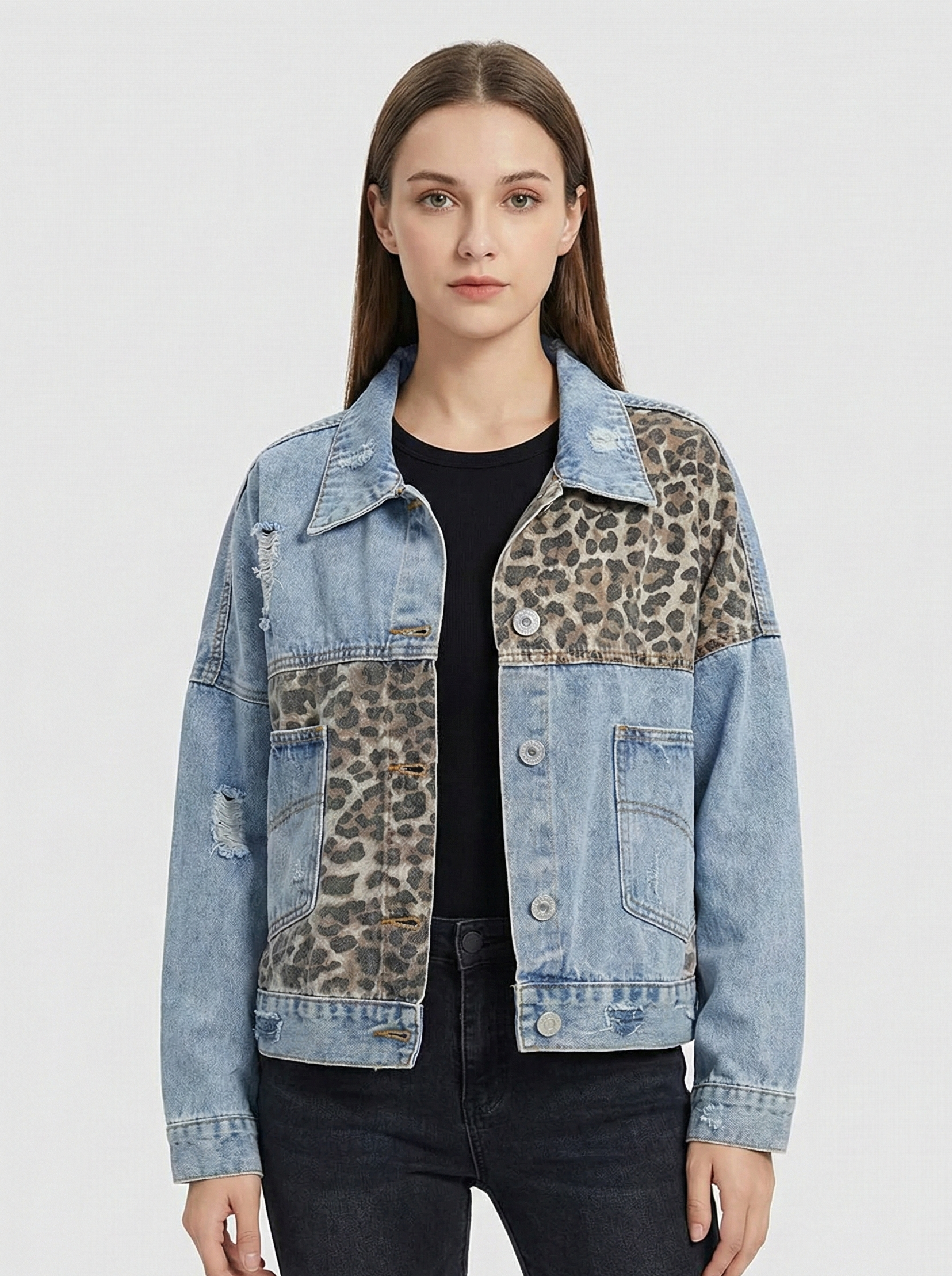 Cross-Border Amazon Denim Jacket Women's Long Sleeve Standalone European and American Style Denim Coat Women's Leopard Printed 4
