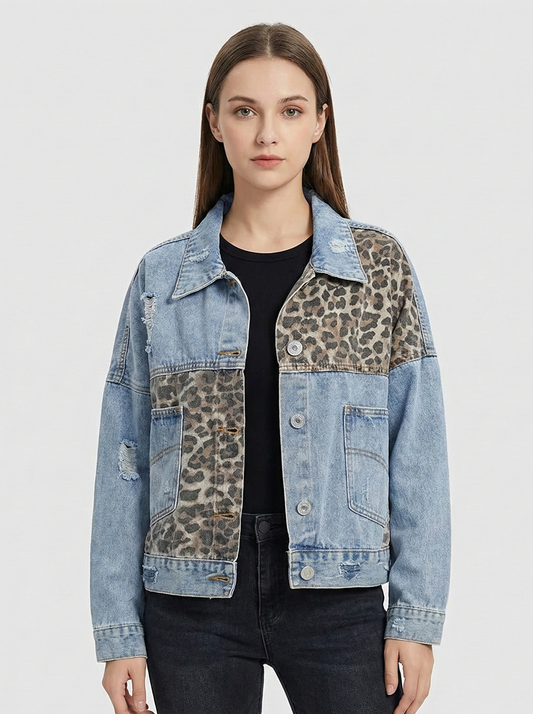 Cross-Border Amazon Denim Jacket Women's Long Sleeve Standalone European and American Style Denim Coat Women's Leopard Printed 4
