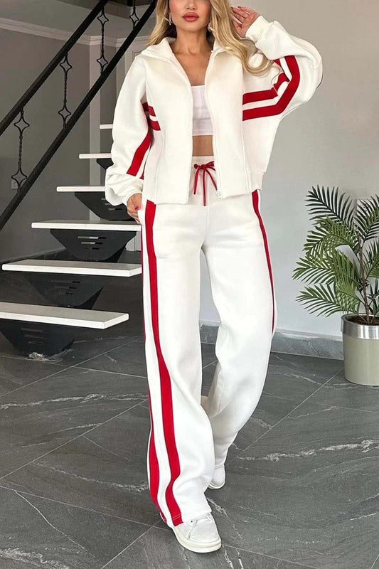 Harper | Women's Striped Track Jacket And Wide Leg Jogger Set