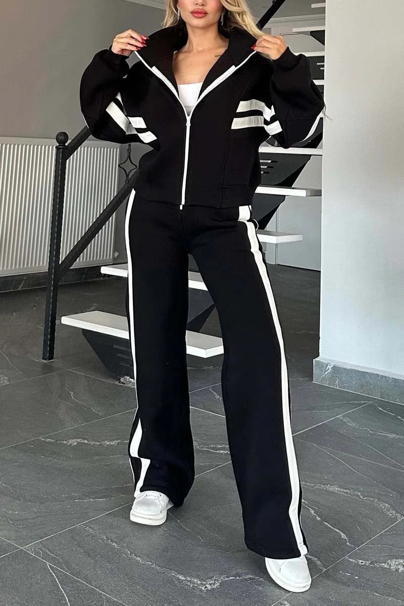 Harper | Women's Striped Track Jacket And Wide Leg Jogger Set