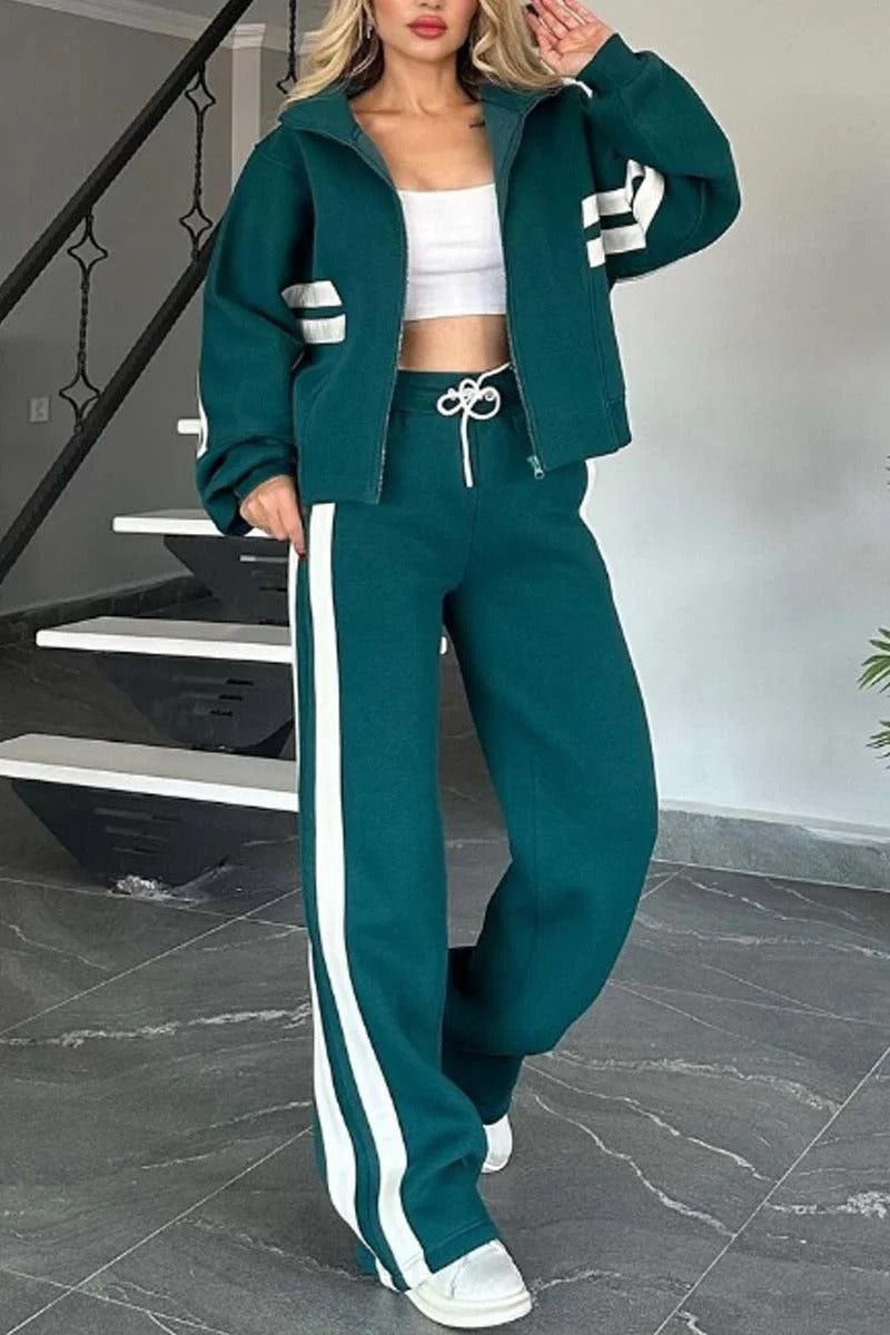 Harper | Women's Striped Track Jacket And Wide Leg Jogger Set