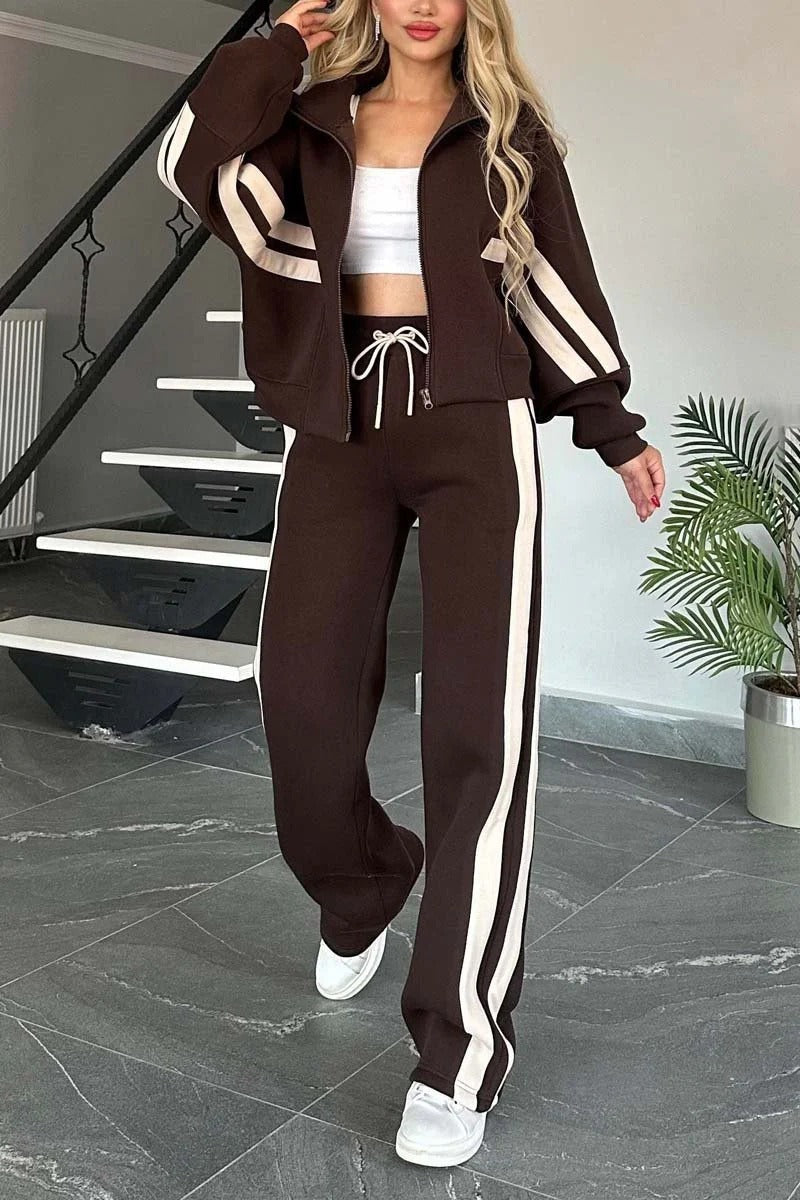 Harper | Women's Striped Track Jacket And Wide Leg Jogger Set