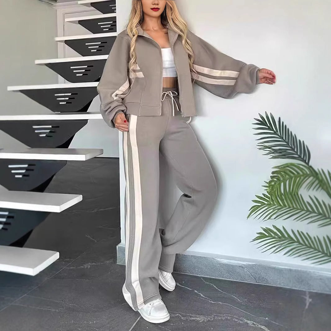 Harper | Women's Striped Track Jacket And Wide Leg Jogger Set