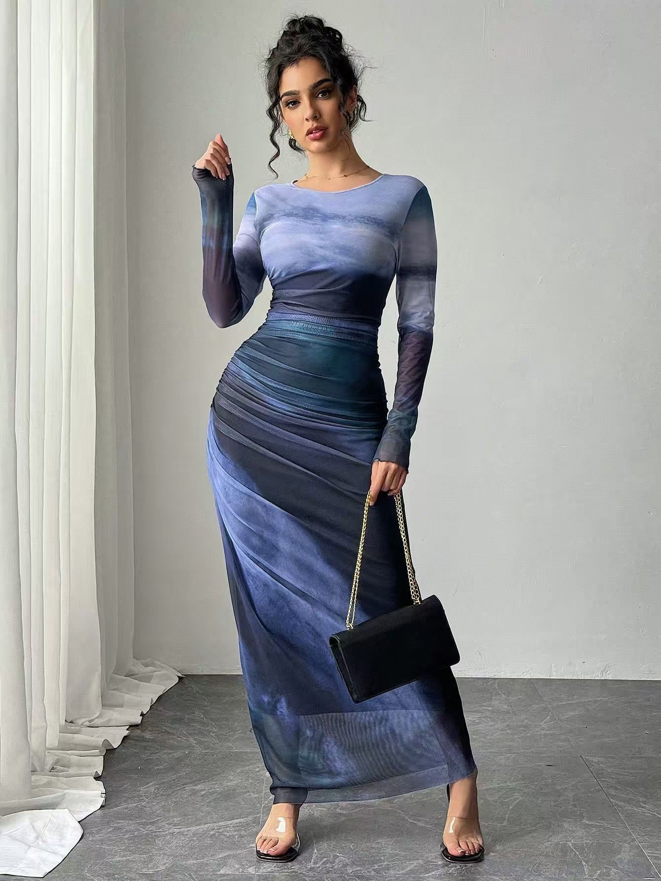 Torina | Printed Long Sleeve Bodycon Maxi Dress