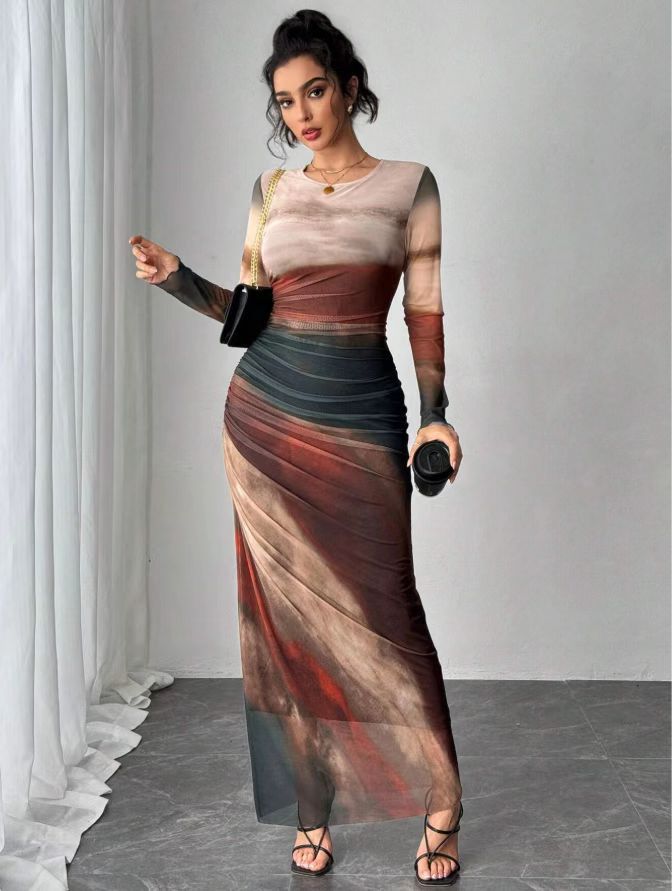 Torina | Printed Long Sleeve Bodycon Maxi Dress