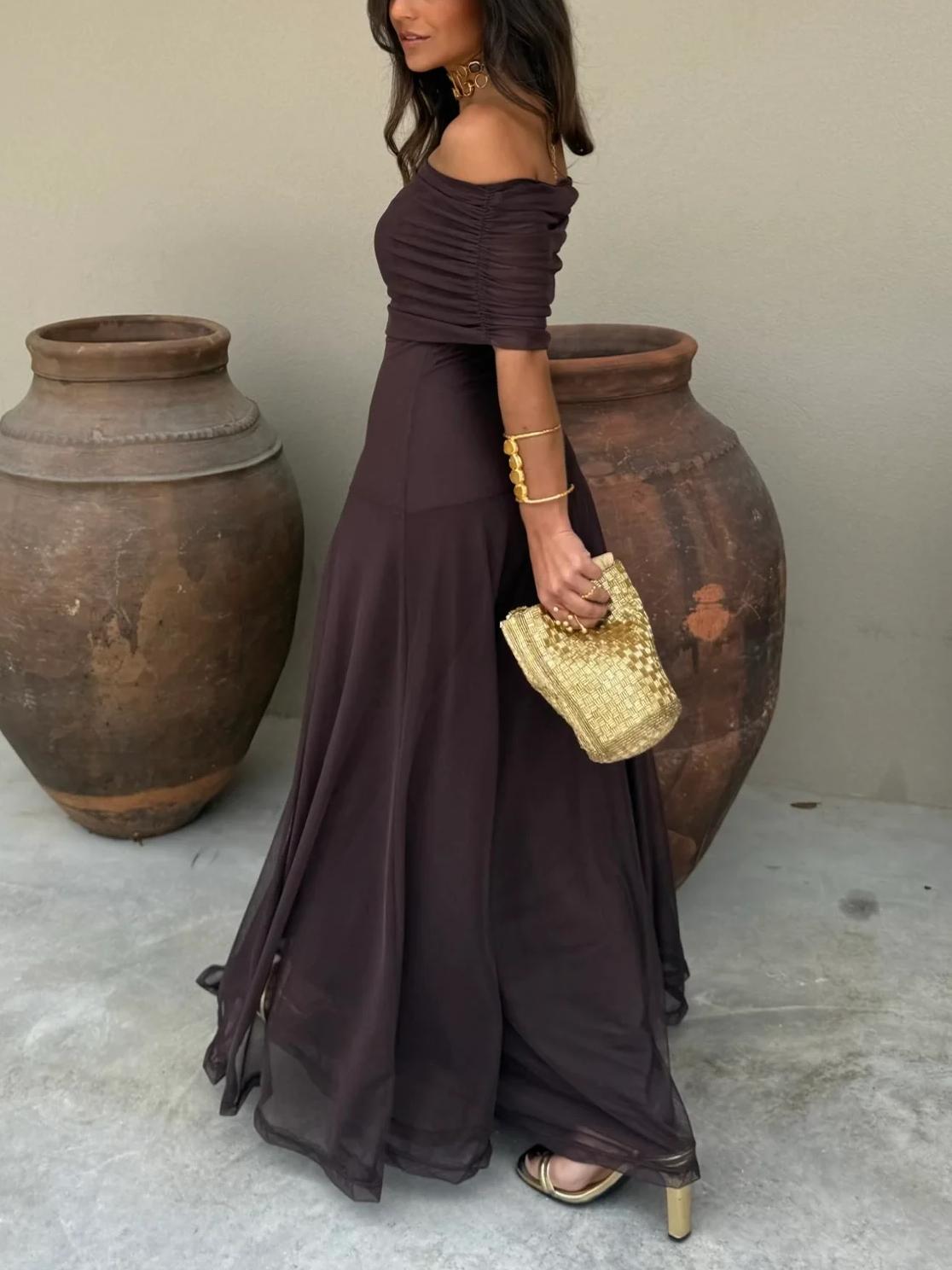 Selene | Elegant Off Shoulder Chiffon Maxi Dress Silhouette
