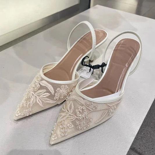 Pointed Toe Kitten Heels Embroidered Mesh Slingback for Women