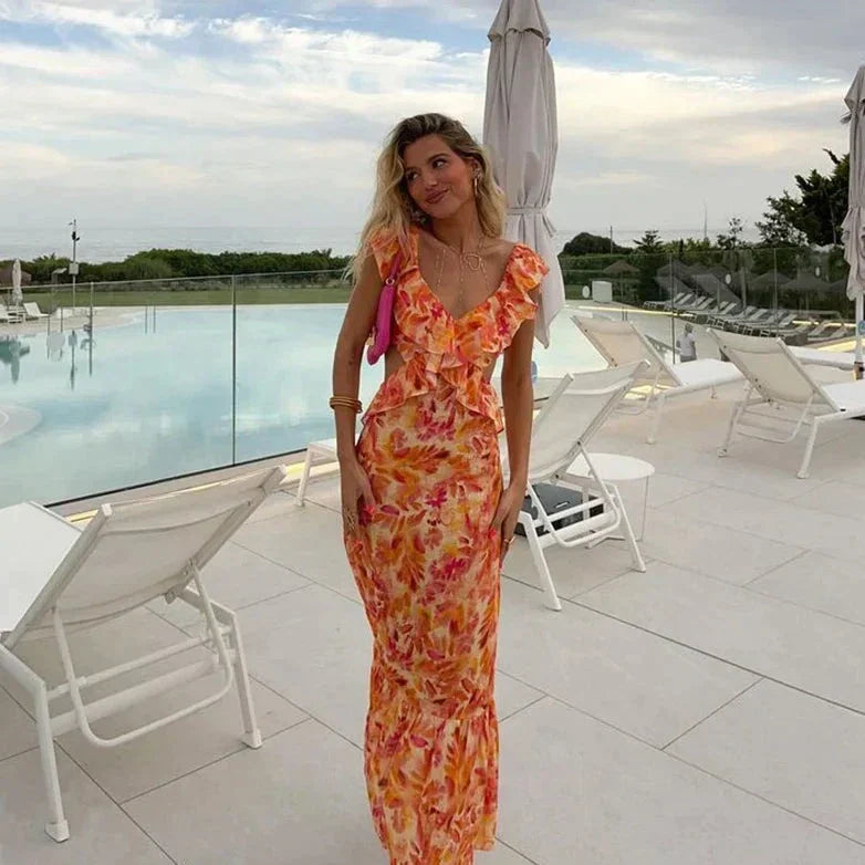 Summer Cocktail Maxi dress with ruffles and floral pattern 1