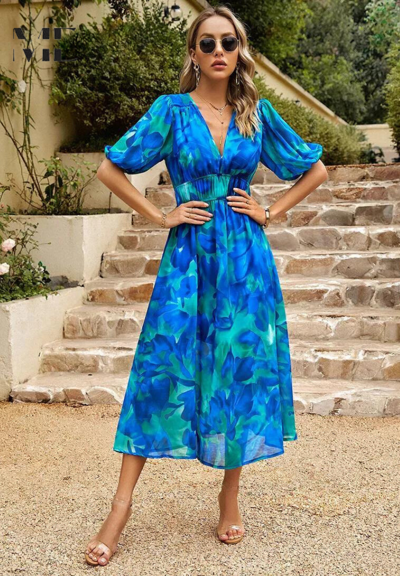 Roxanne | Elegant Floral Midi Dress with Puff Sleeves - Image 15