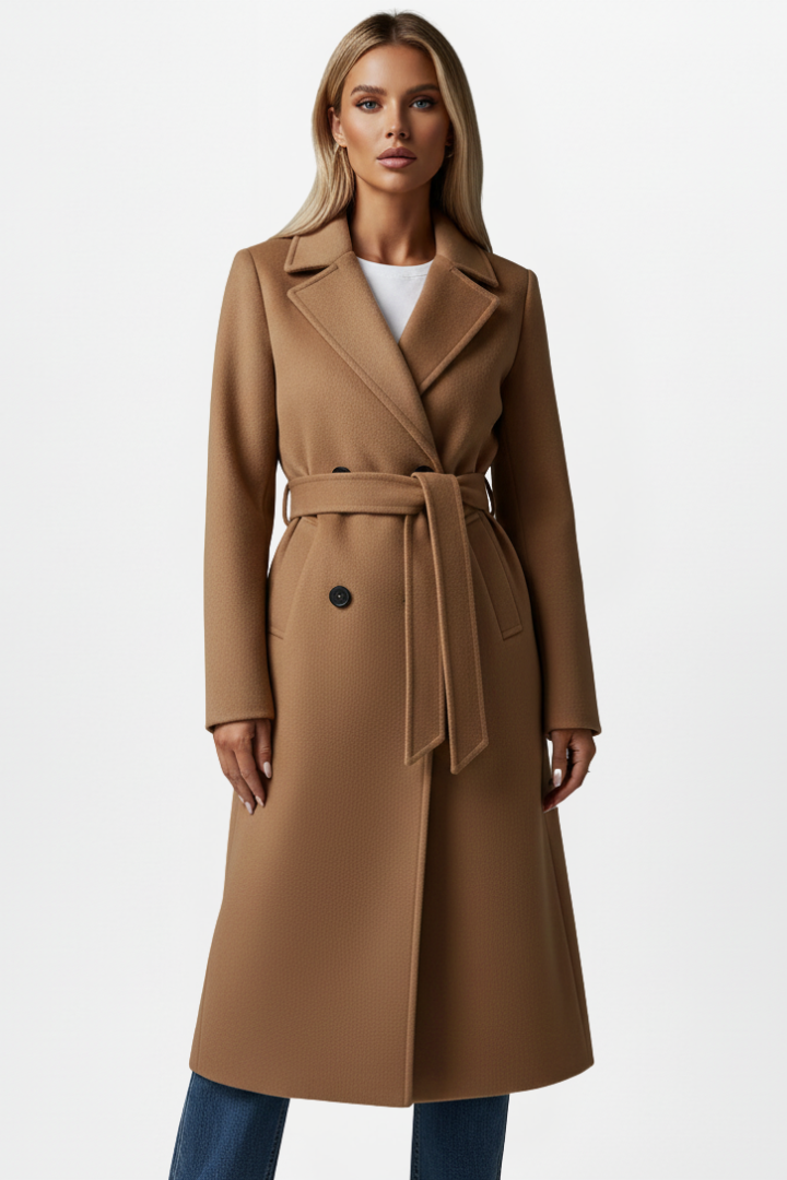 Hazel | Women’s Long Coat With Belt And Double-Breasted Front